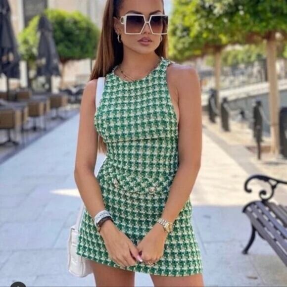 Zara Tweed Pinafore Mini Dress Green Size Small - Picture 3 of 8